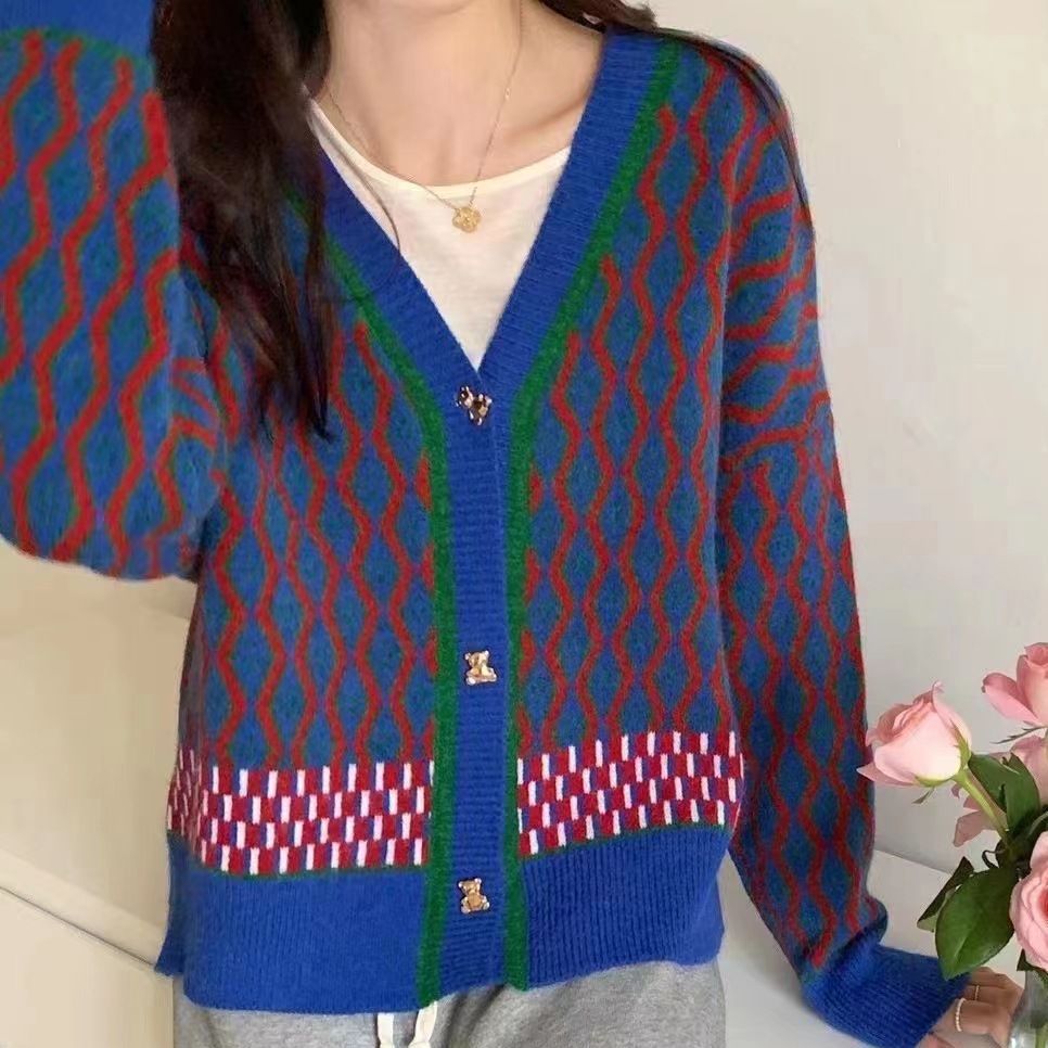 Women's Retro Casual V-neck Bear Button Sweater Cardigan Coat
