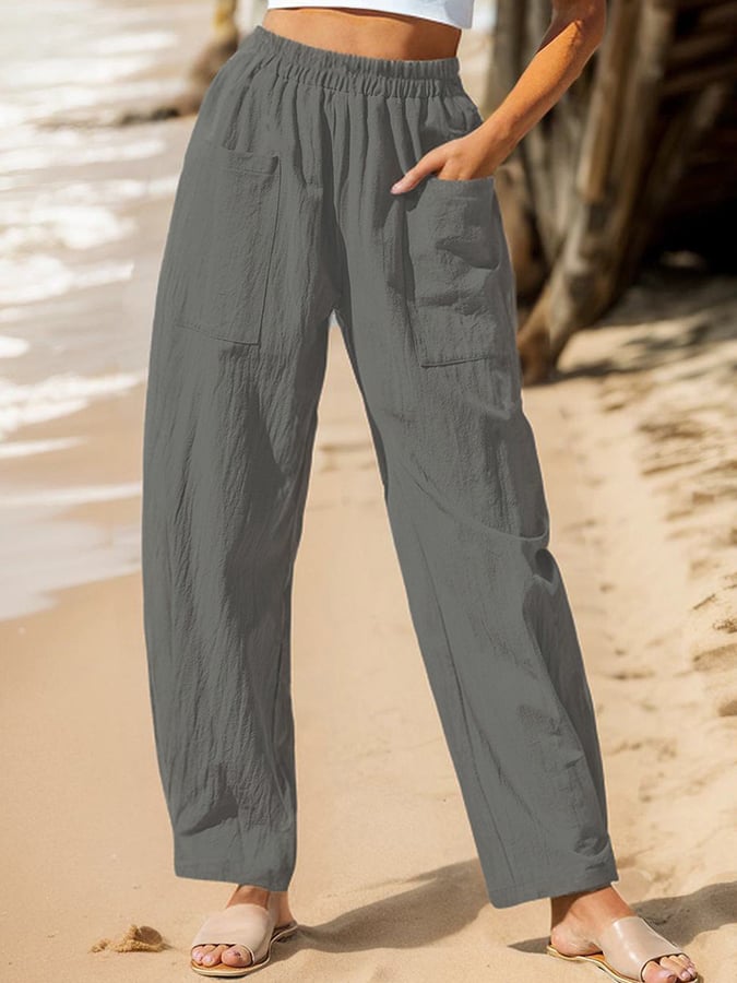 Women's Pocket Patchwork Elastic Waist Casual Pants
