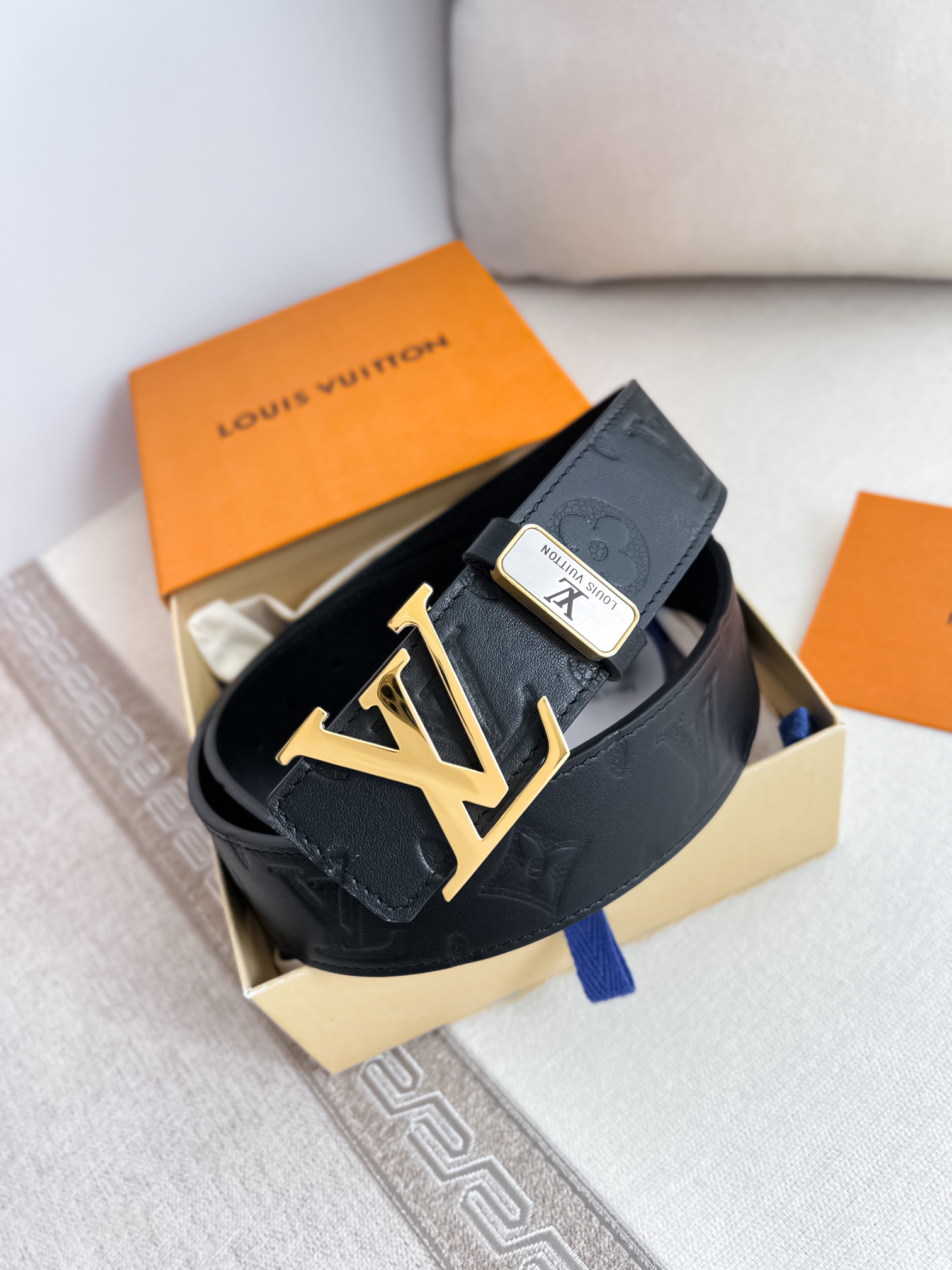 Louis Vuitton Black Printed Calfskin Men's Belt 3.8CM Width