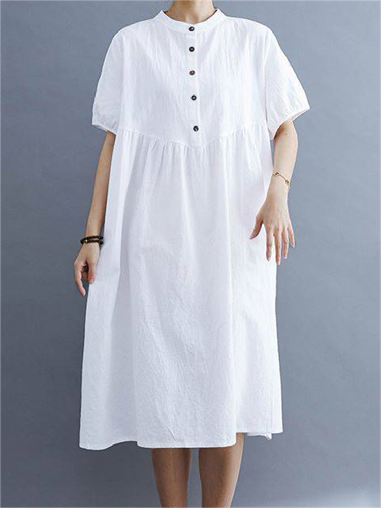 Vintage Button Up Pleated Oversize Linen Midi Dress