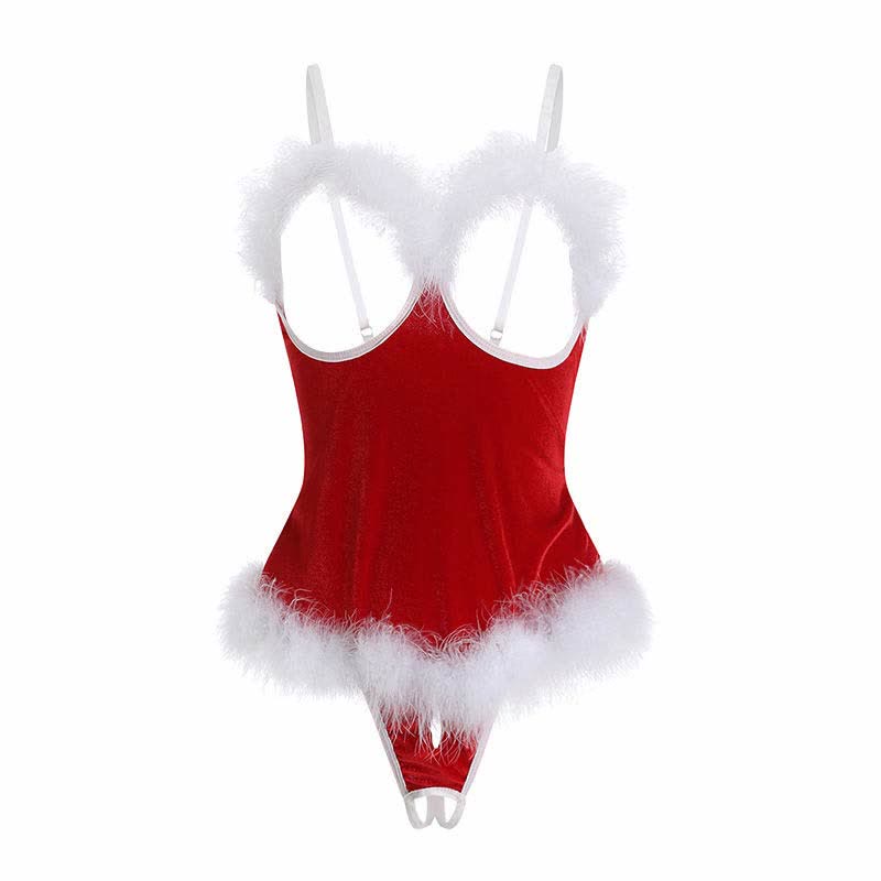 Christmas Hollow Out Plush Jumpsuit Lingerie Fishnet Stockings Set