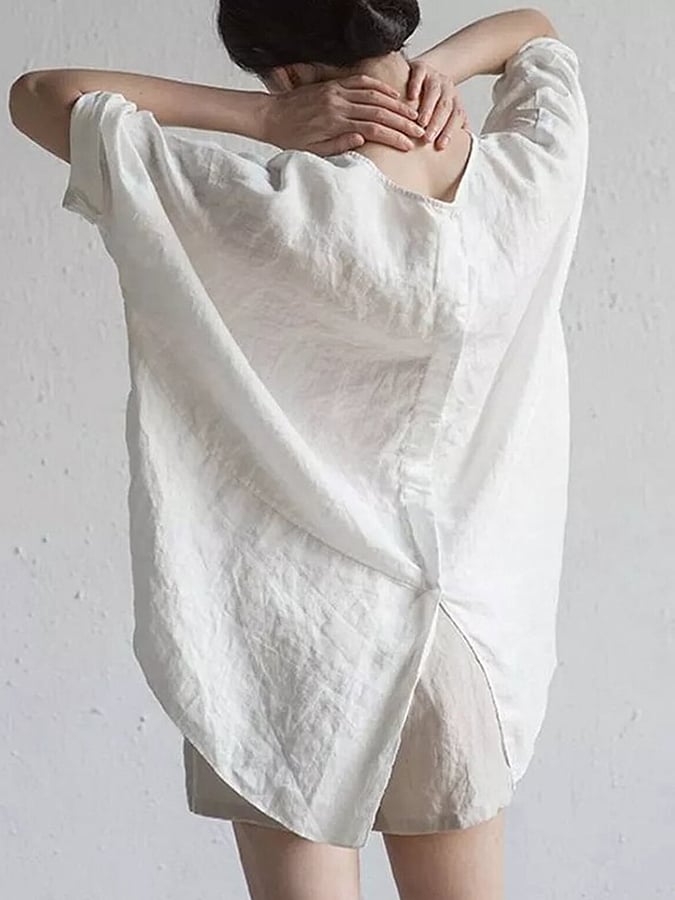 Solid Color Round Neck Cotton Linen Casual Shirt