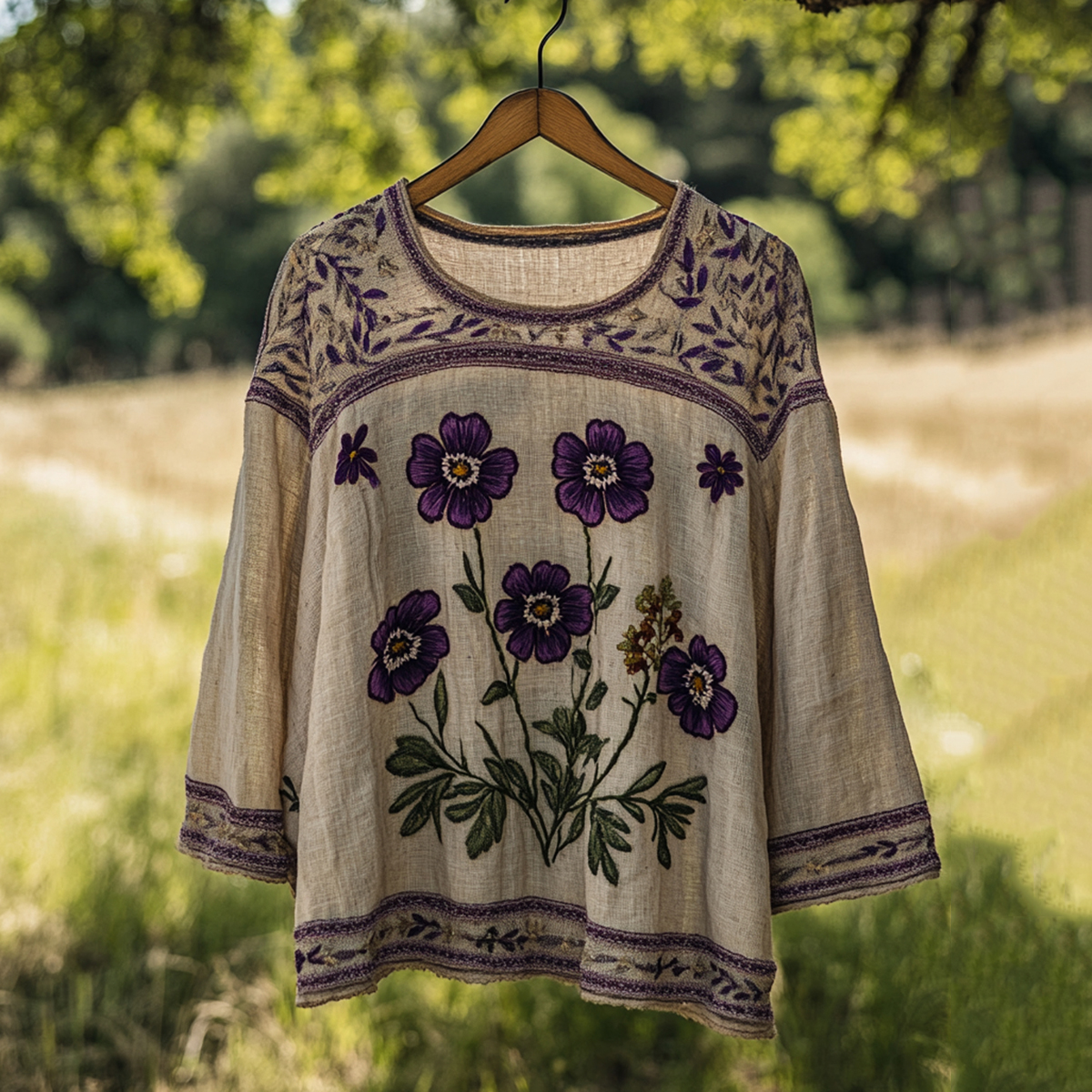 Women's Vintage Floral Embroidery Round Neck Linen Blend T-shirt