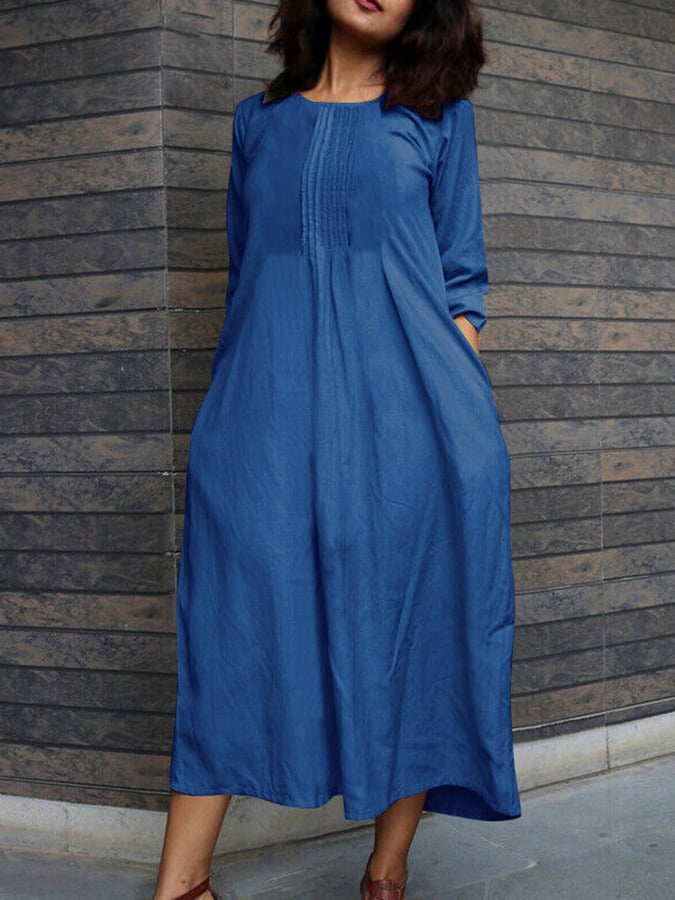 Women's Casual Pleated Cotton And Linen Dress