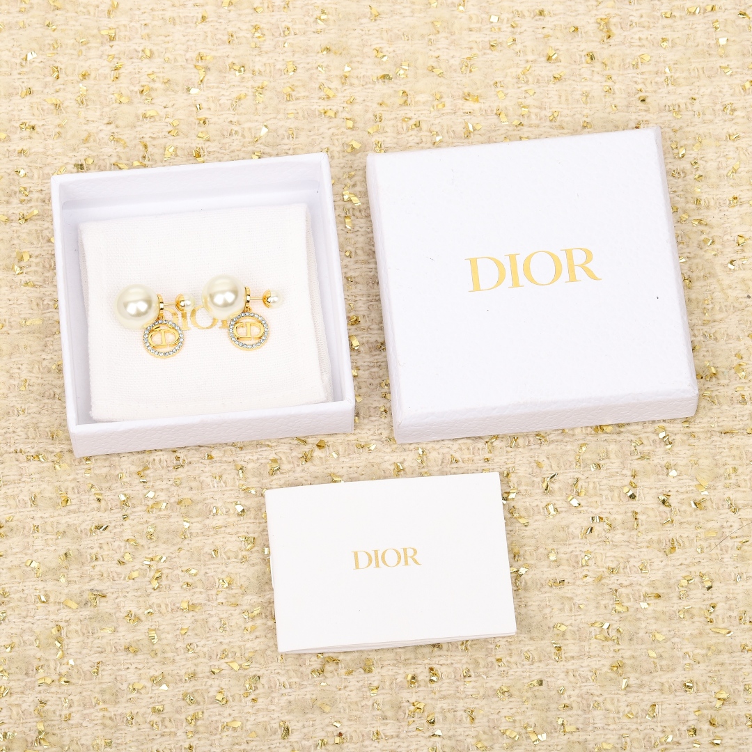 Dior Round Crystal CD Double Ball Pearl Earrings