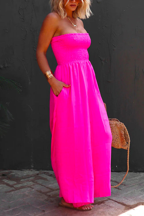 Heididress Strapless Smocked Pocketed Wide Leg Jumpsuit