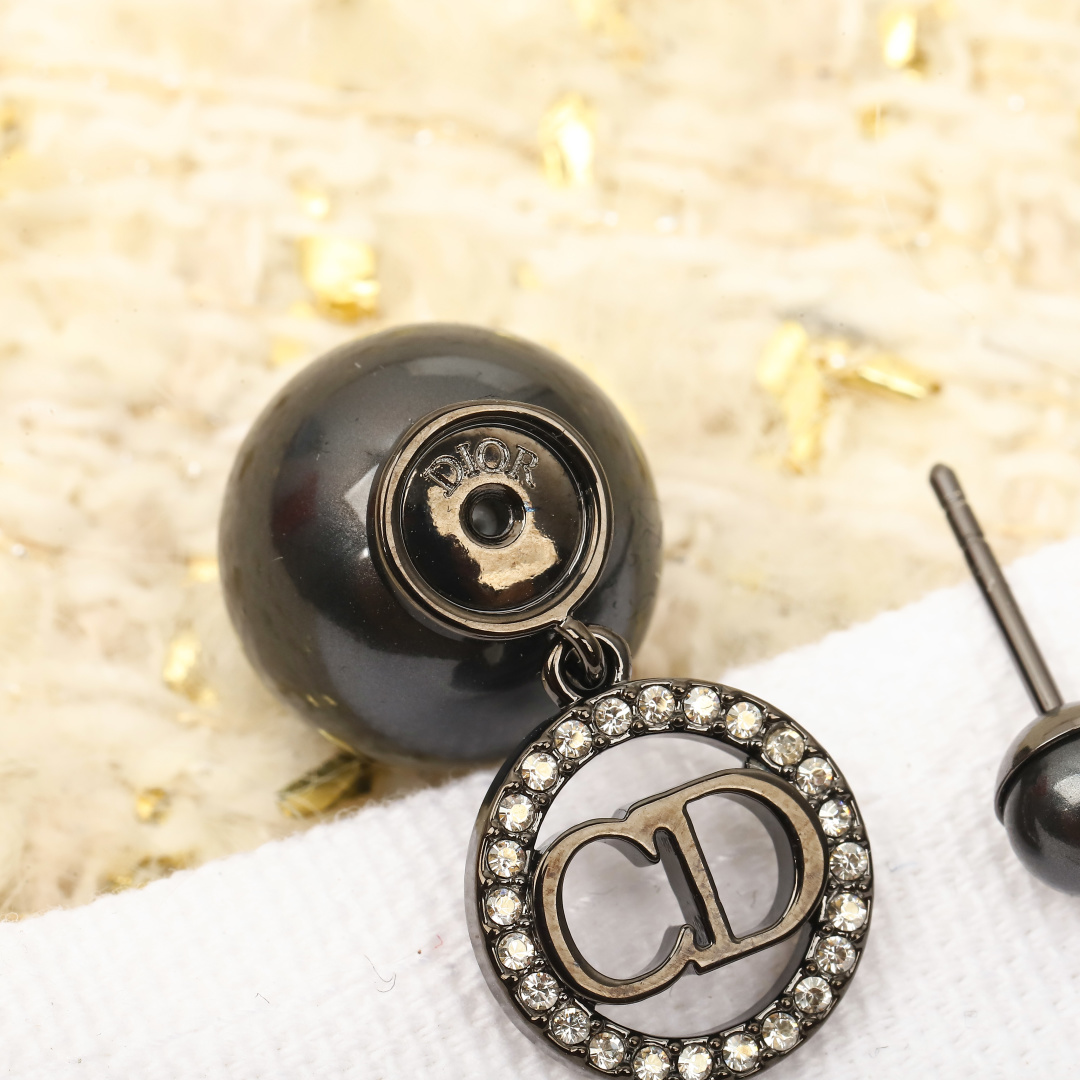 Dior Round Crystal CD Double Ball Pearl Earrings