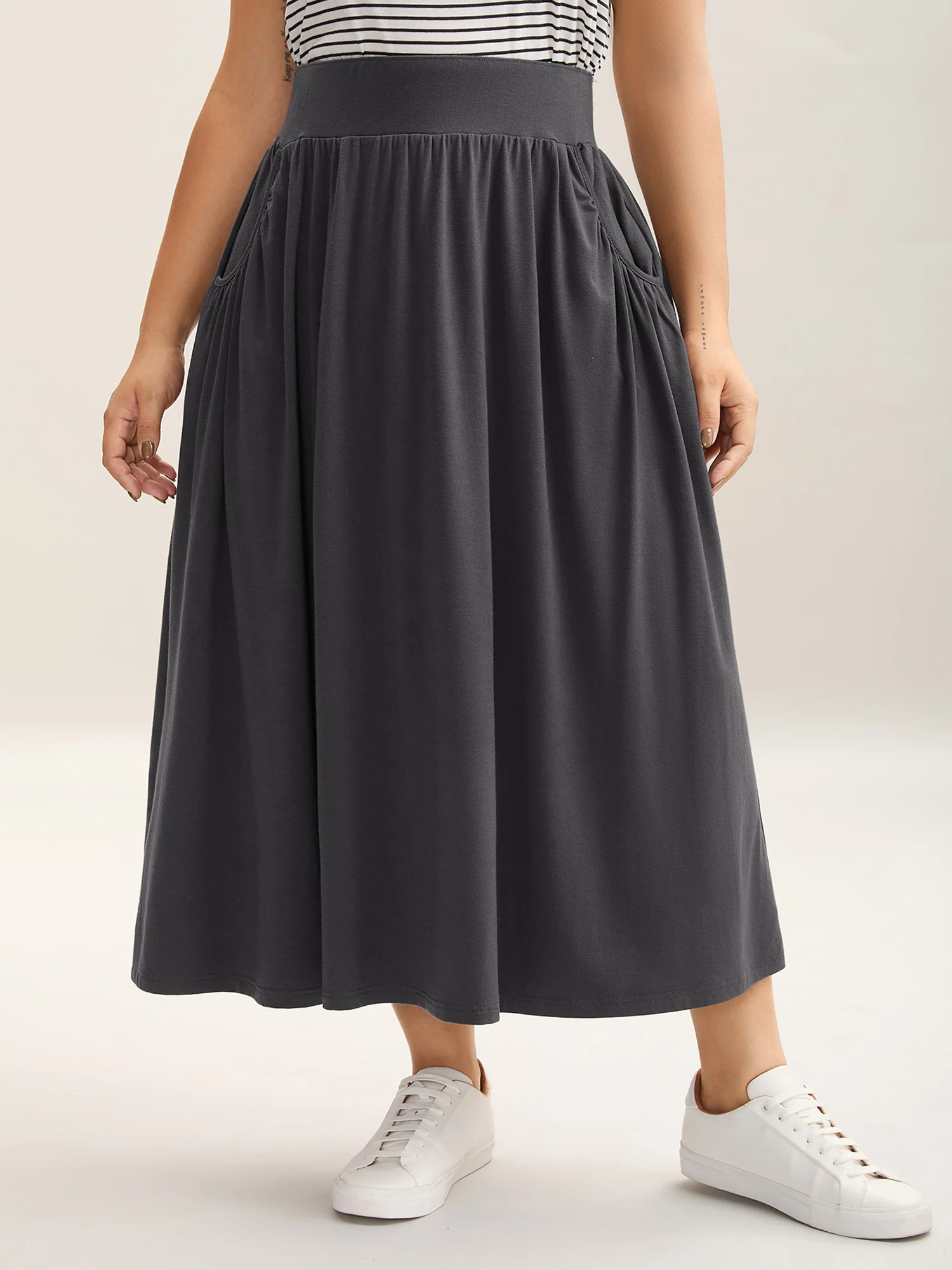 Supersoft Wide Waistband Pleated Plain Midi Skirt