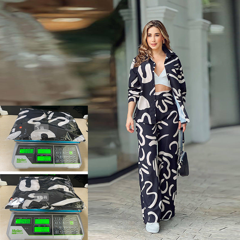 Fashion Suit with Long Sleeve Printed Shirt and High Waist Trousers