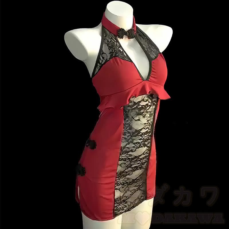 Cheongsam Lace Hollow Out See-through Lingerie Dress