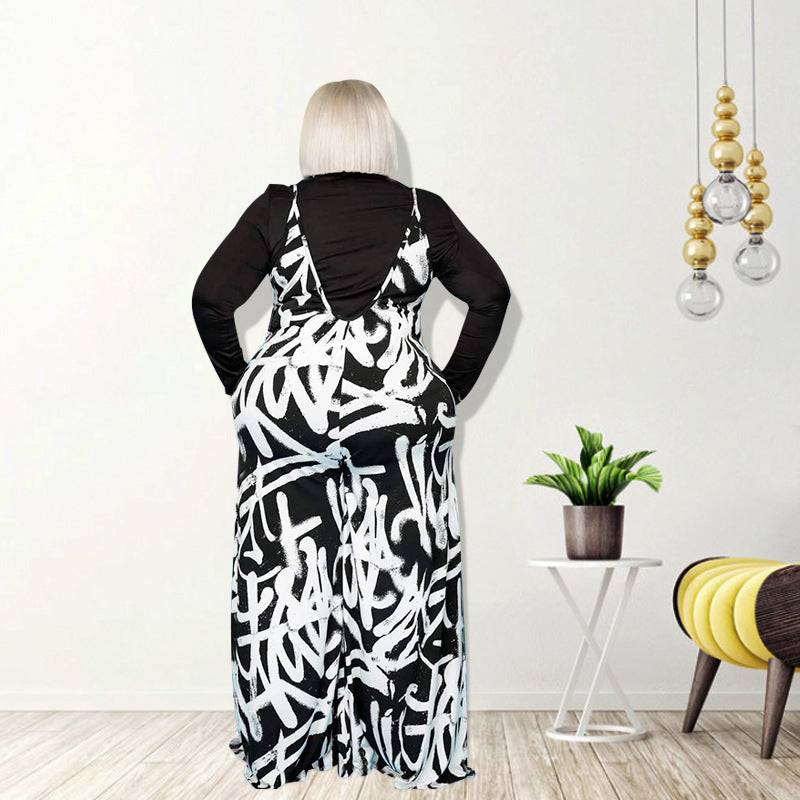 Plus Size Women Clothing Summer New Suspender Irregular Asymmetric Graffiti Jumpsuit New