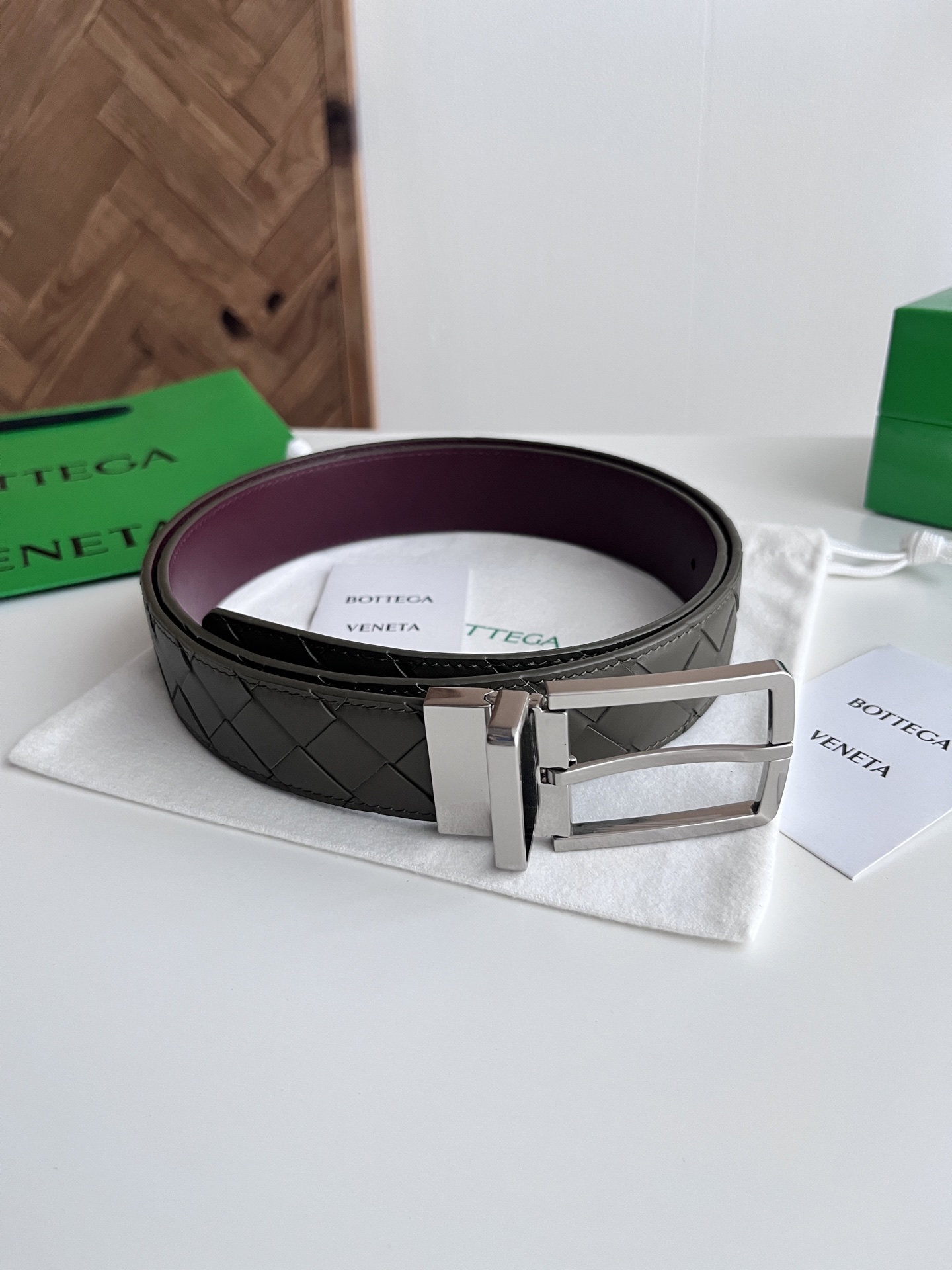 Bottega Veneta intreccio woven cowhide double-sided waistband with a width of 3.5cm