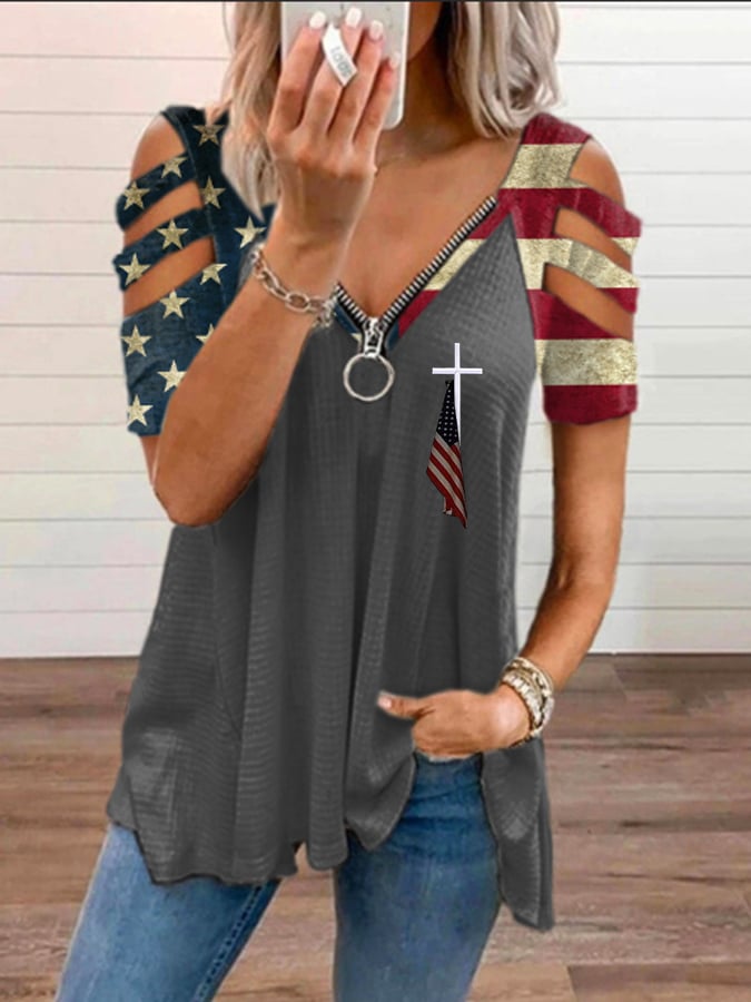 Women'S Flag Cross Print V-Neck Top