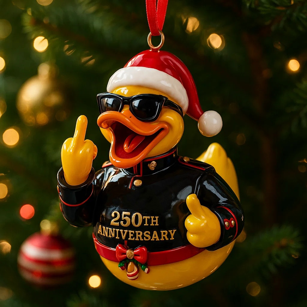 Funny duck Christmas ornament commemorating the 250th anniversary of the Marine Corps