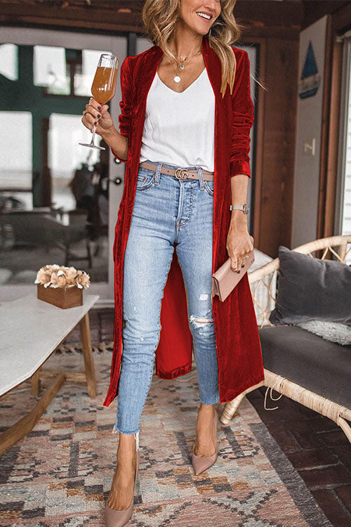 Heididress Stylish Lapel Open Front Long Sleeve Velvet Coat