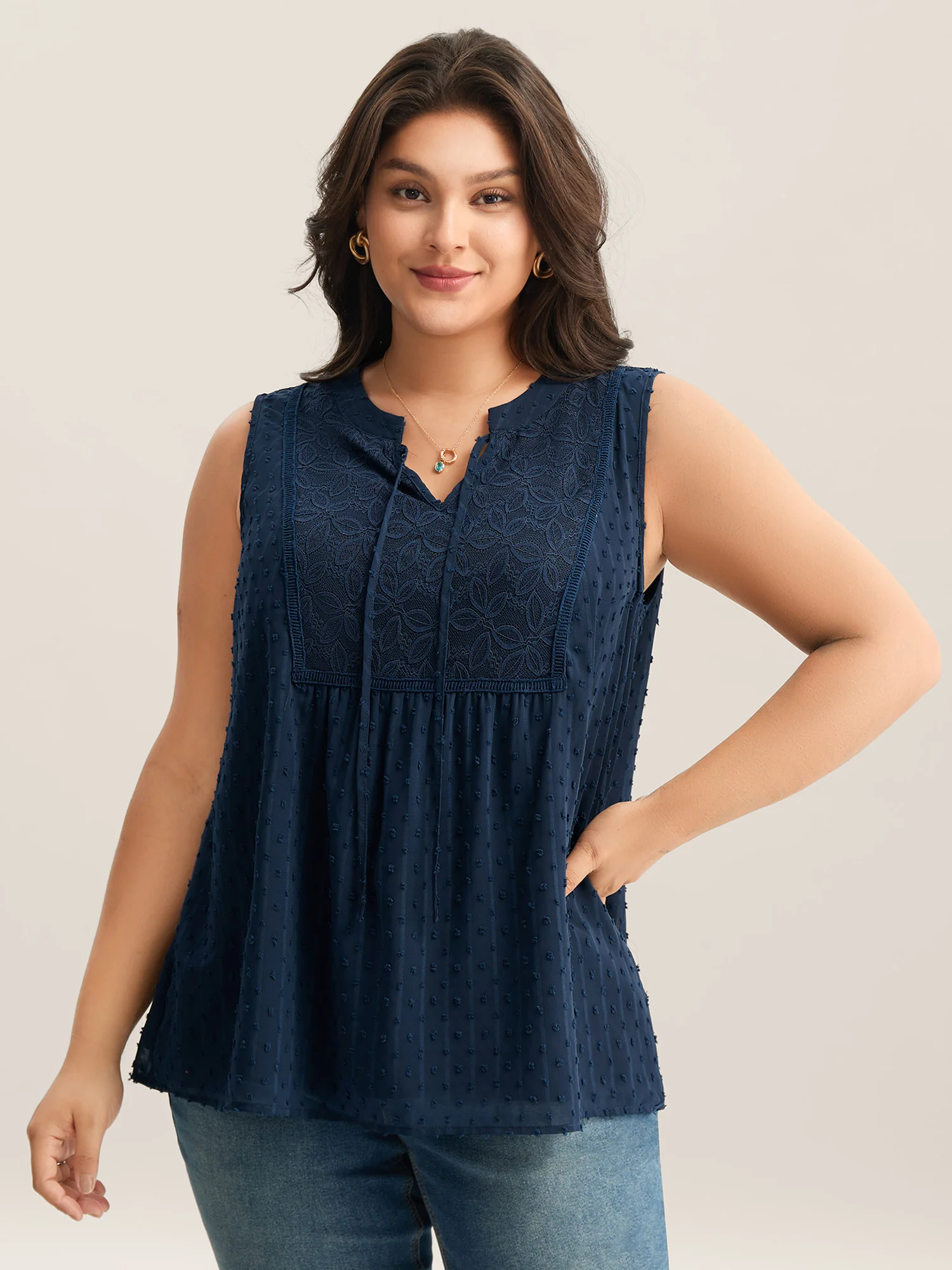 Textured Lace Detail Neck Tie Sleeveless Top