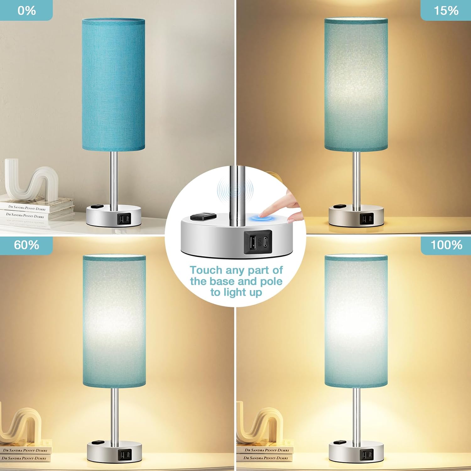 Bedside Table Lamp for Bedroom - 3 Way Dimmable Touch Lamp USB C Charging Ports and AC Outlet, Small Lamp Wood Base Round Flaxen Fabric Shade for Living Room, Desk, LED Bulb Included