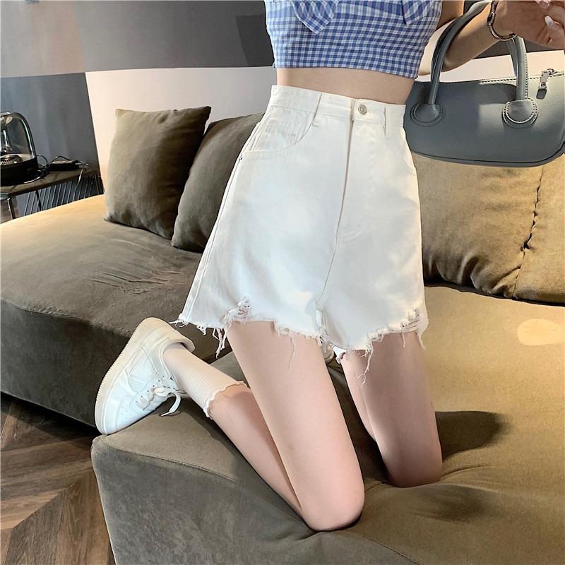 White Ripped high-waisted skinny hot pants spicy broad leg jeans