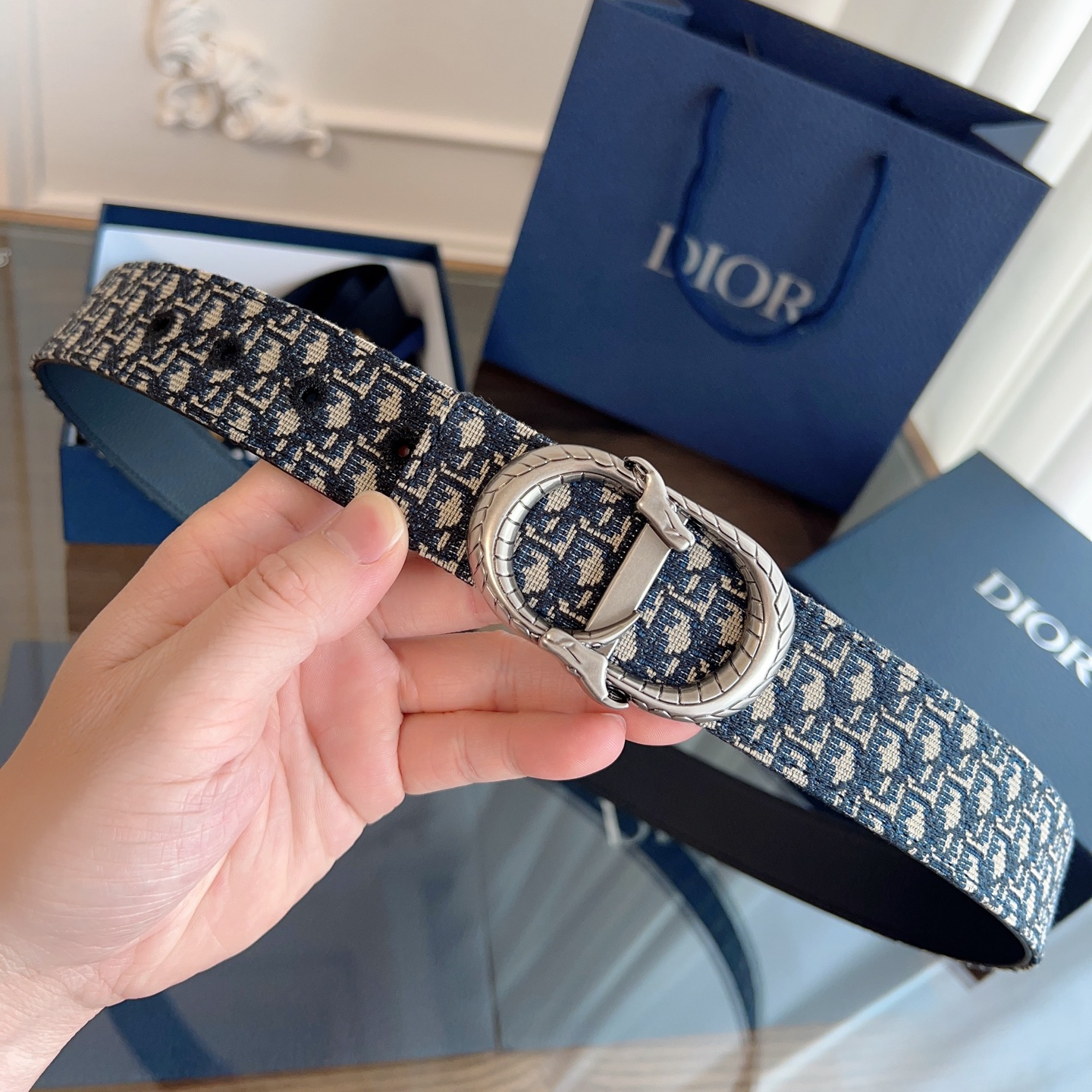 Dior Oblique blue cloth and black leather belt width 3.5CM