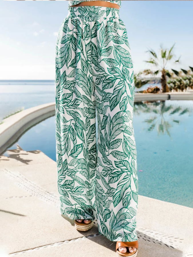 Summer New Women's Fashion Digital Printing Plant Flower Print Camisole Plus Wide -Legged Trousers Set