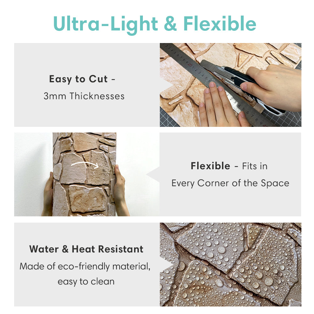 3D Light Brown Fieldstone Peel and Stick Wall Tile