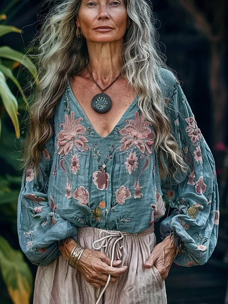 Vintage Bohemian Floral Linen Art Print Long Sleeve V-neck Shirt