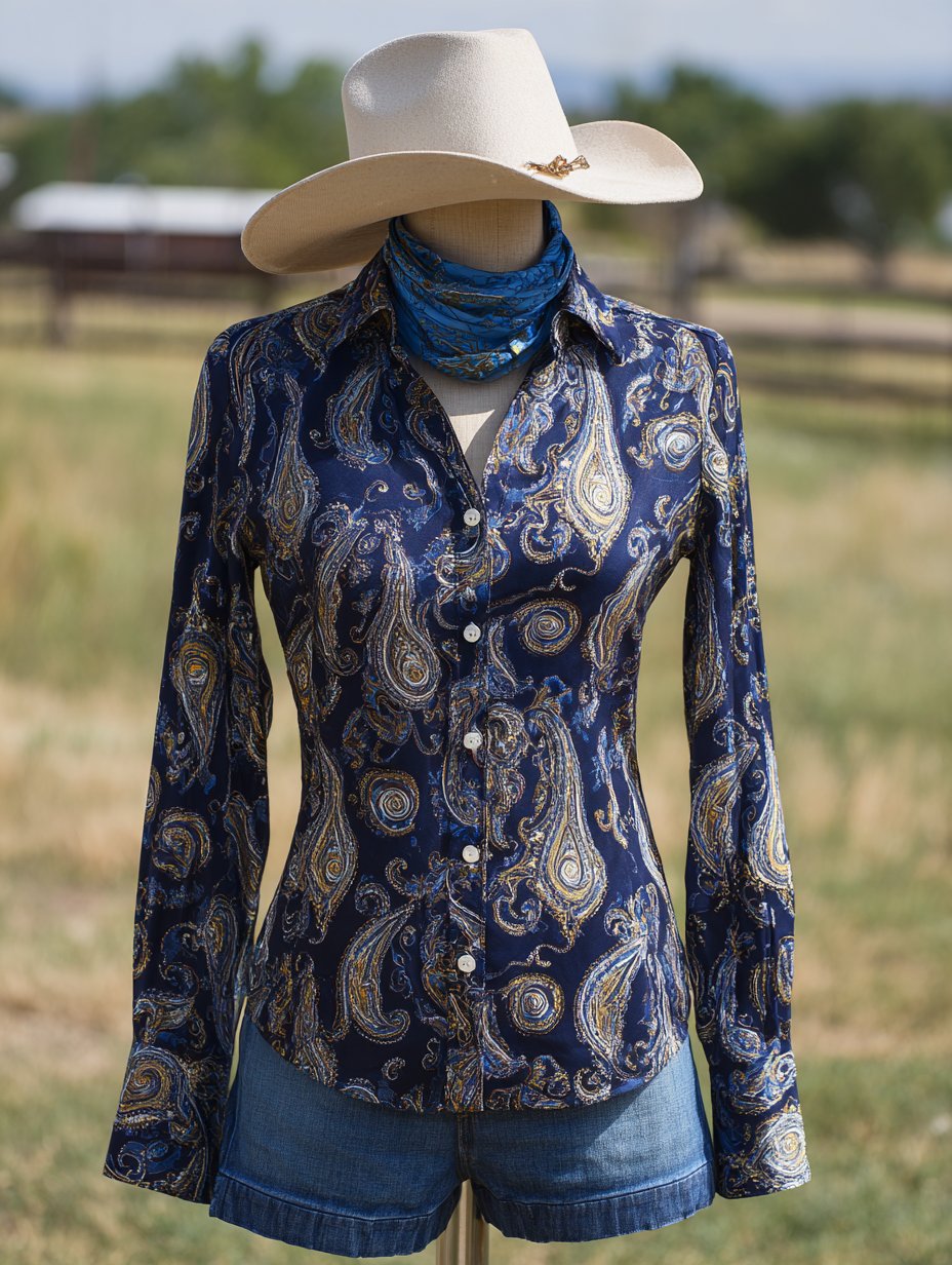 Women's Vintage Paisley  Floral Print Western Long Sleeve Shirt