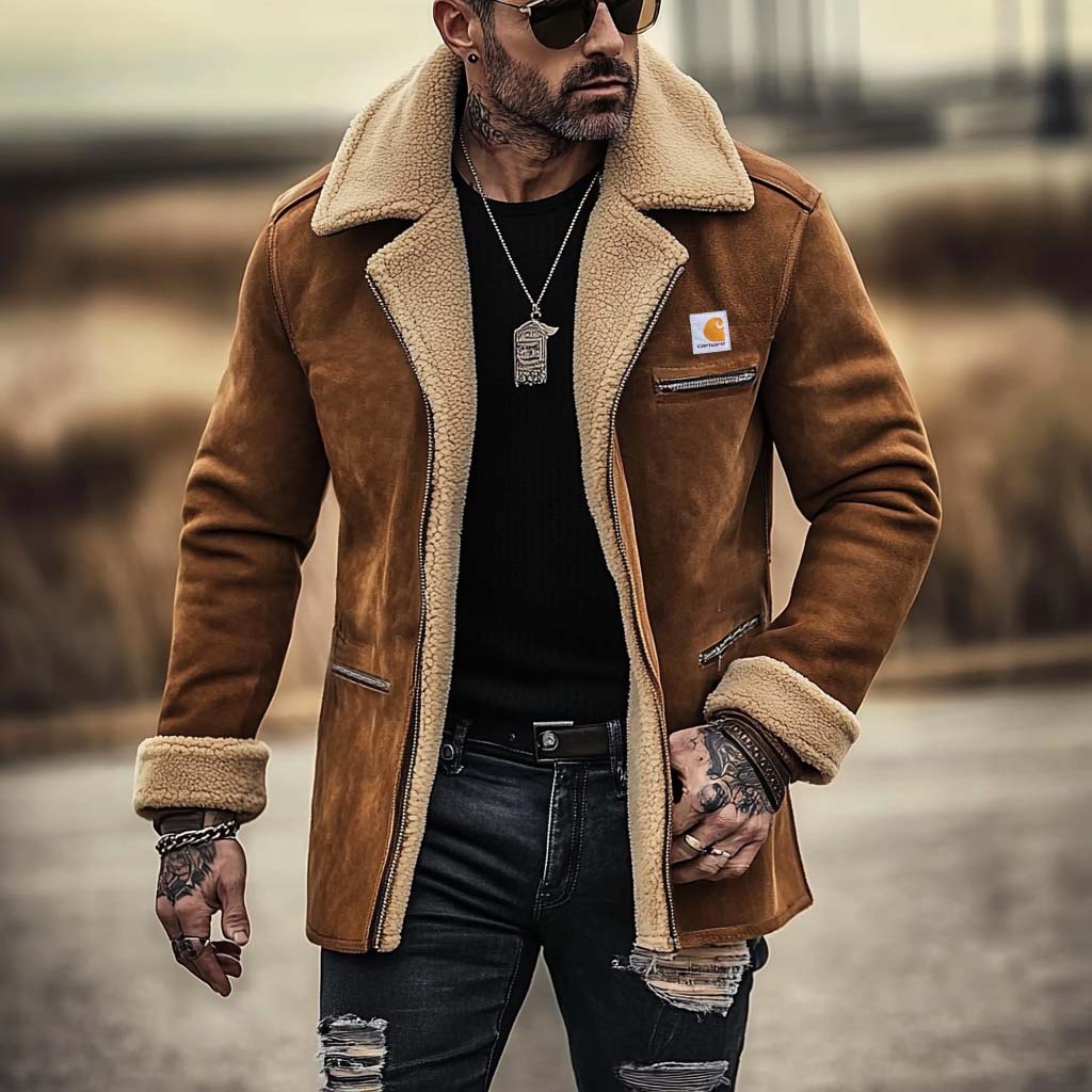 Men's Vintage Suede Shearling Zipper Pocket Fleece Wool Fur Lapel Collar Mid-Length Coat Jacket