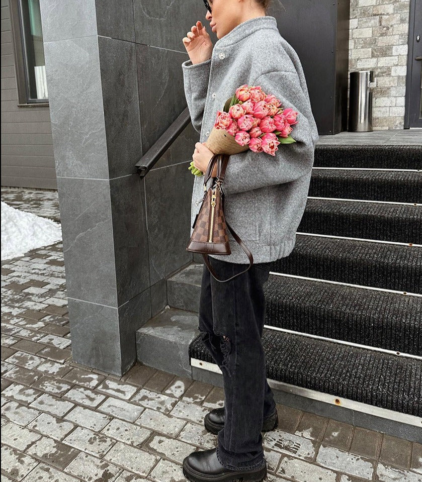 Fashionable and Simple Gray Woolen Coat for Women