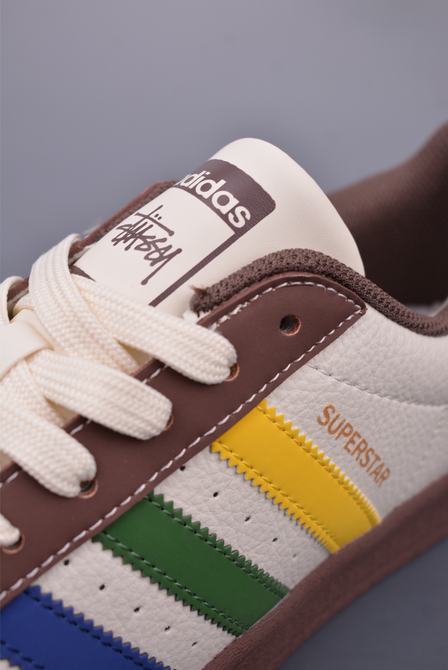Stussy x Adidas Originals Superstar sneakers Coffee, White and Tricolor JY8913