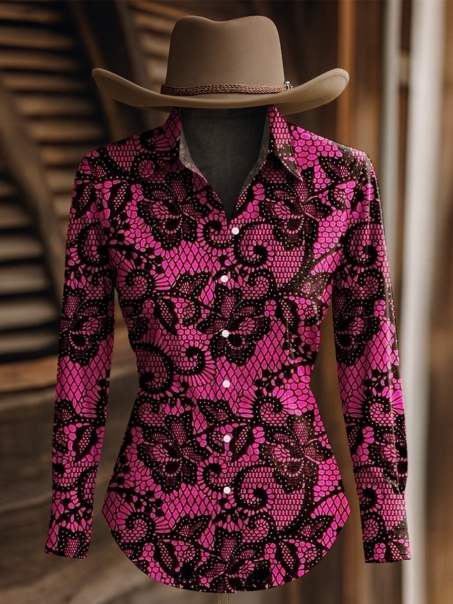 Women's Vintage Black and Pink Floral Print Western Long Sleeve Shirt