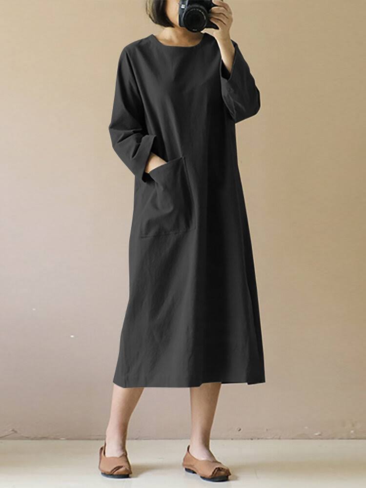 Literary Retro Long-Sleeved Cotton Linen Midi Dress