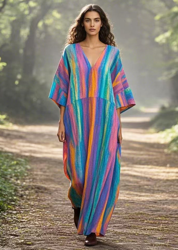 Vintage Rainbow Oversized Tie Dye Cotton Maxi Dresses Summer