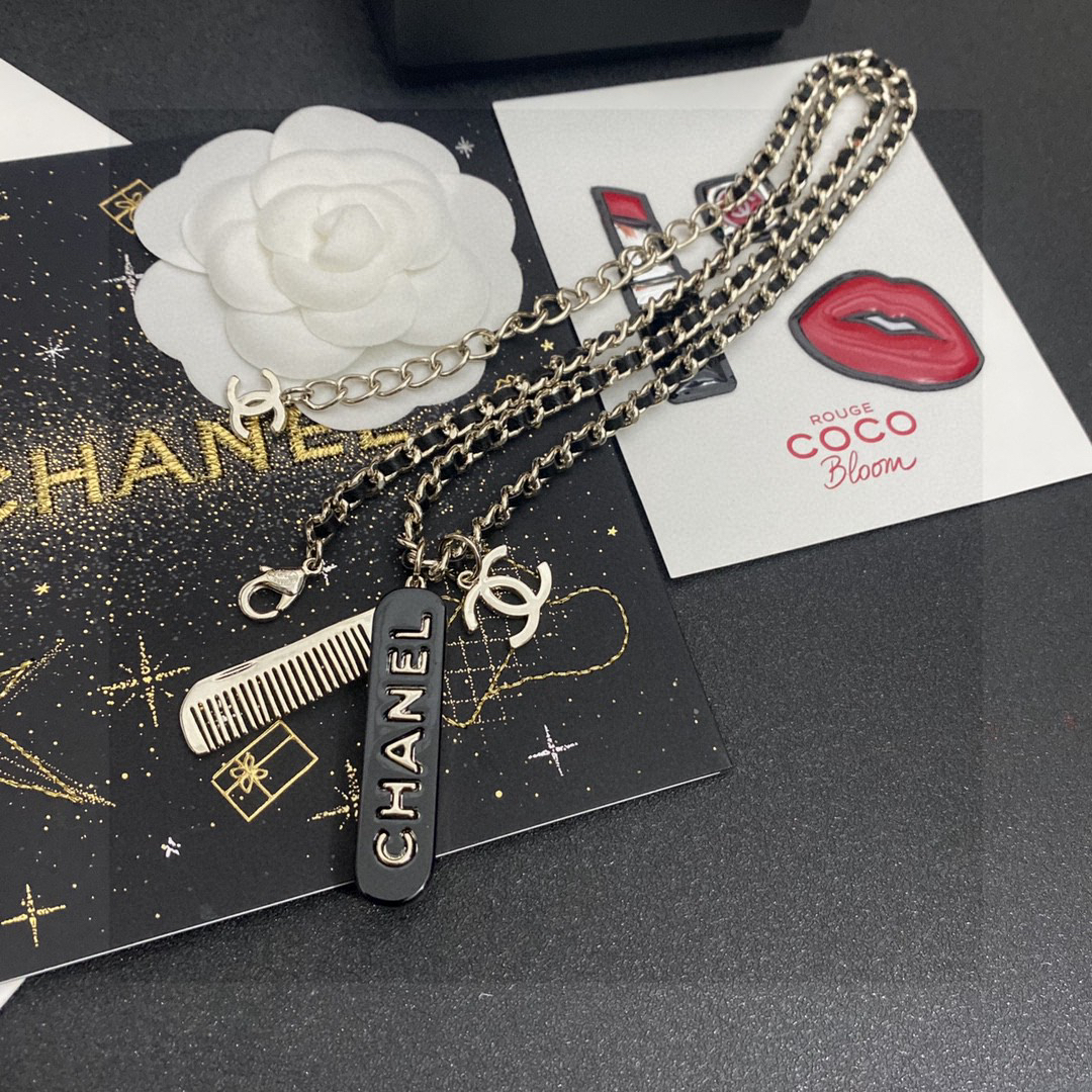 Chanel Comb Brass Double C Pendant Leather Chain Necklace
