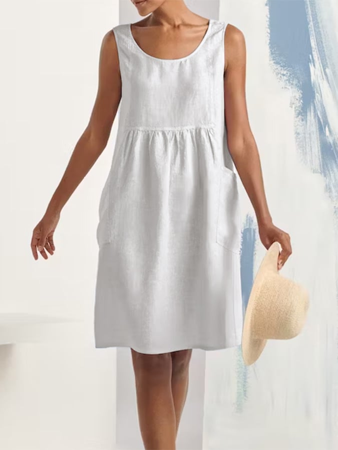 Cotton Linen Round Neck Sleeveless Pocket Simple Dress
