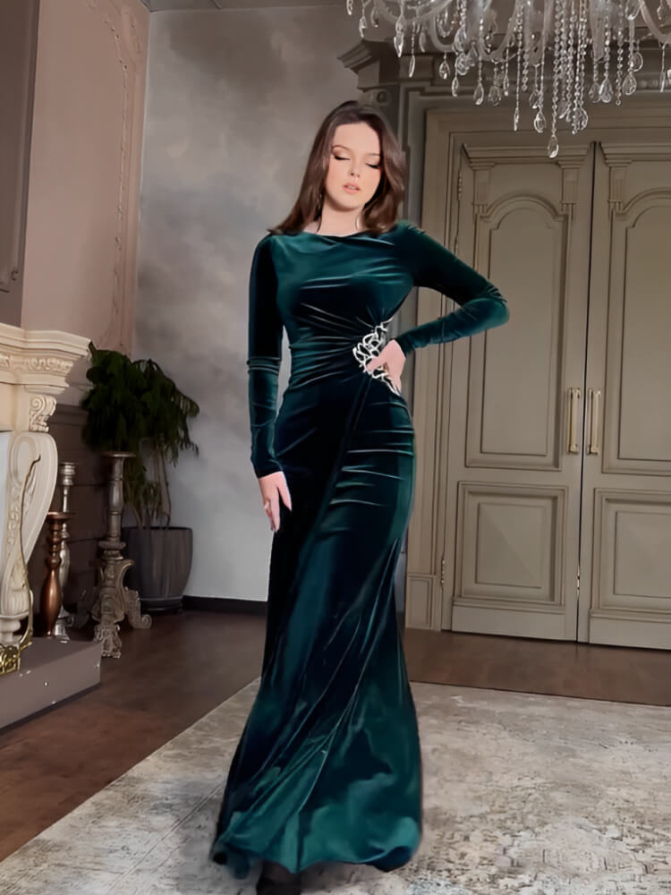 Women's Round Neck Long Sleeve Velvet Dress