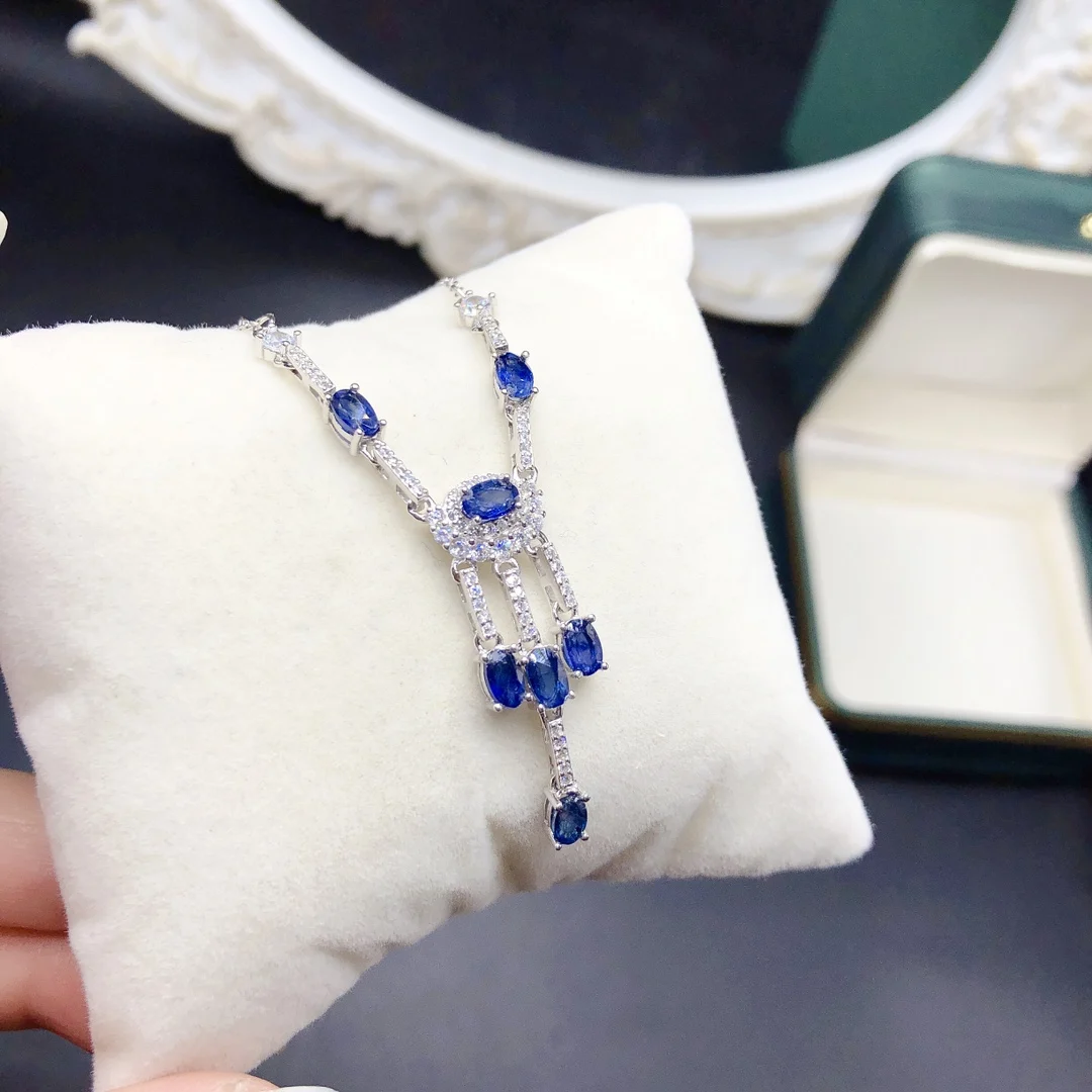 925 pure silver natural sapphire set chain necklace jewelry Fire color good women's luxury jewelry certified boutique