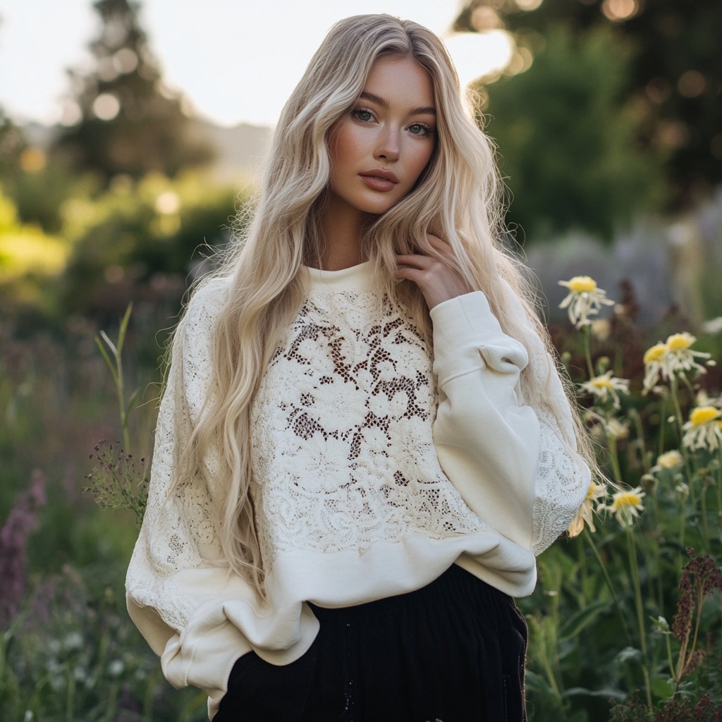 Women's Floral Lace Embroidery Art Crew Neck Sweatshirt