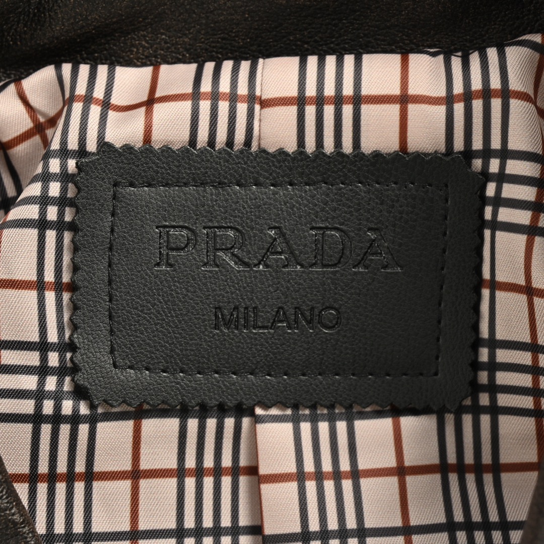 Prada 24Fw distressed leather jacket with triangle logo on back