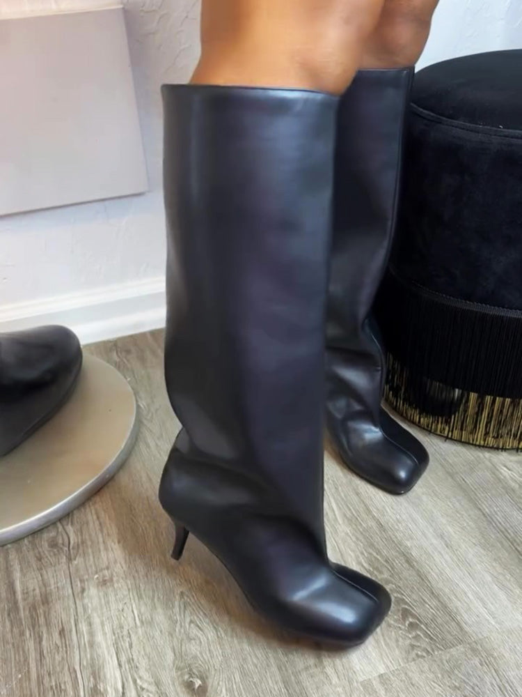 Suede Wide Calf Square Toe Boots