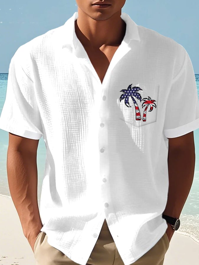 Men's Casual Flag Independence Day Coconut Tree Print Waffle Men's Shirt