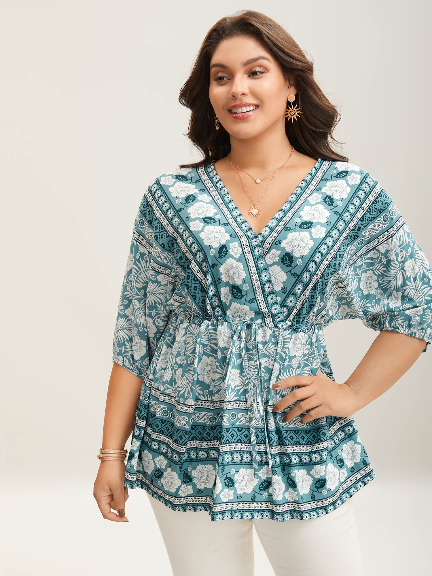 Floral Print Surplice Neck Waist-Cinched Shirt