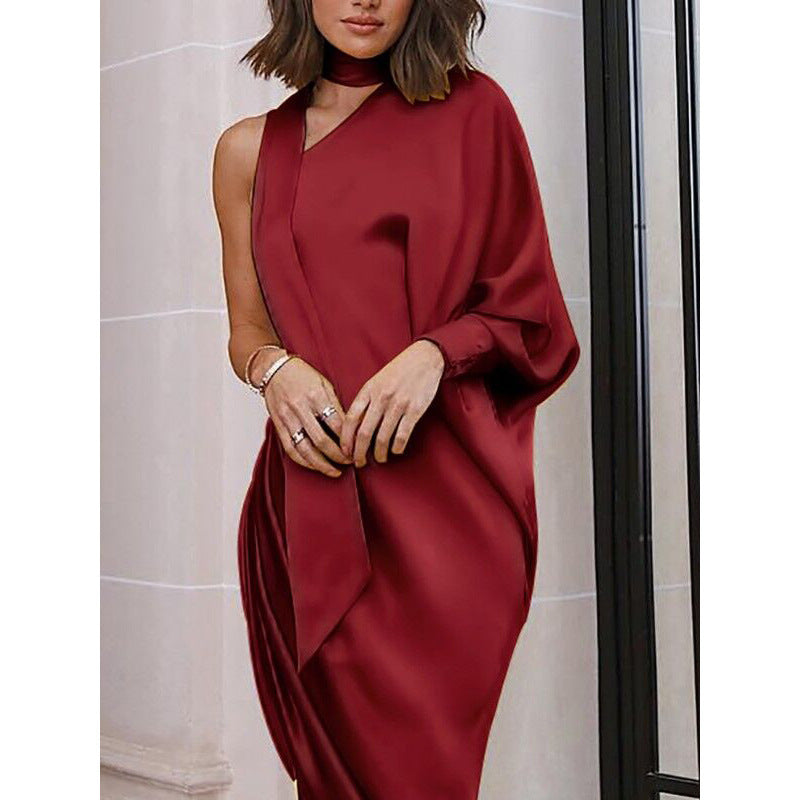 One-Shoulder Pleated Dress with Side Slit: Elegant Women's Fashion