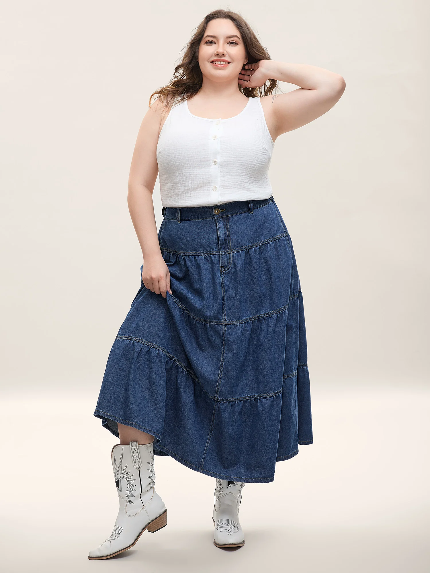 Seamed Tiered A-Line Denim Maxi Skirt