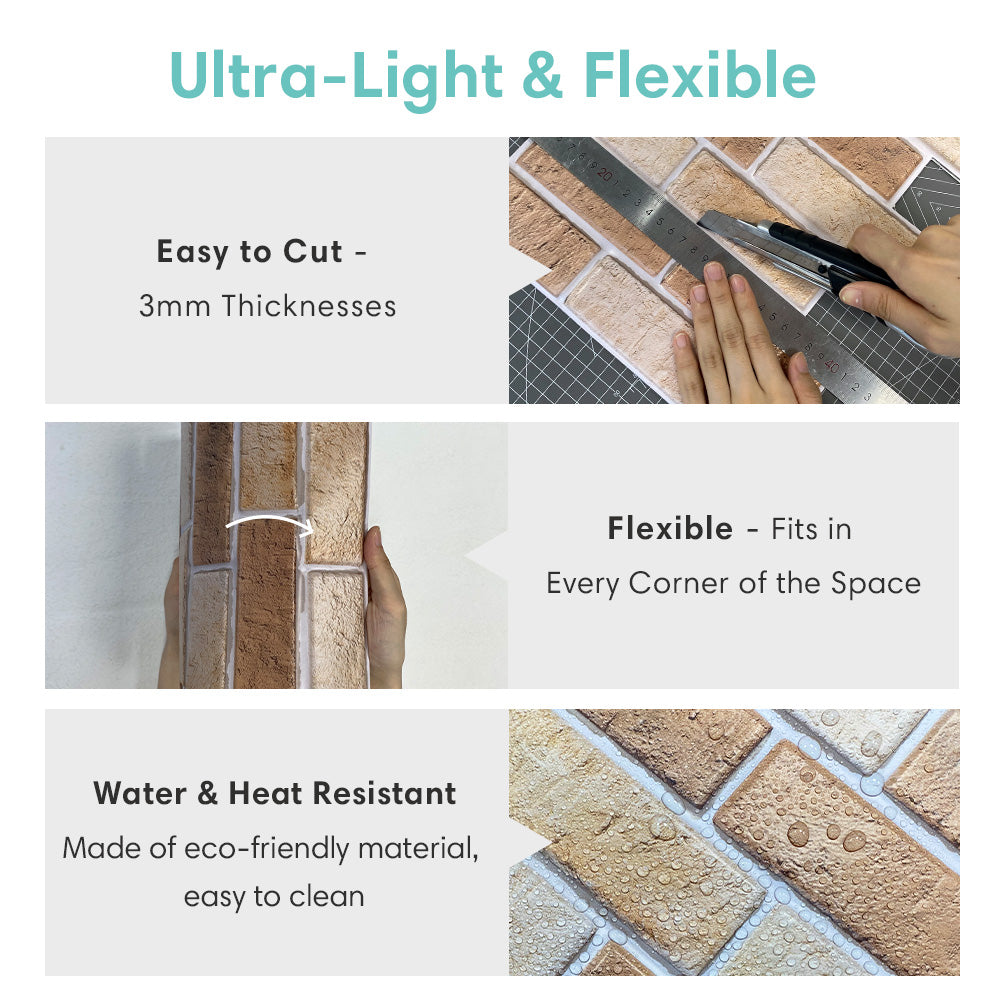 3D Tan Brick Peel and Stick Wall Tile