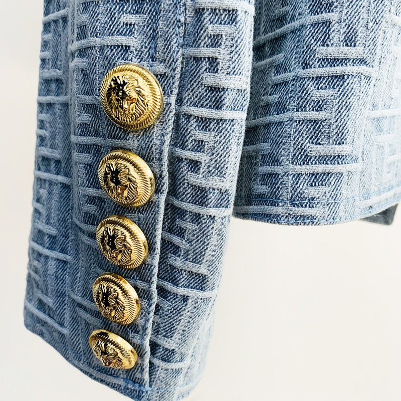 Plus Size Slim Double Breasted Lion Buckle Maze Jacquard Denim Blazer
