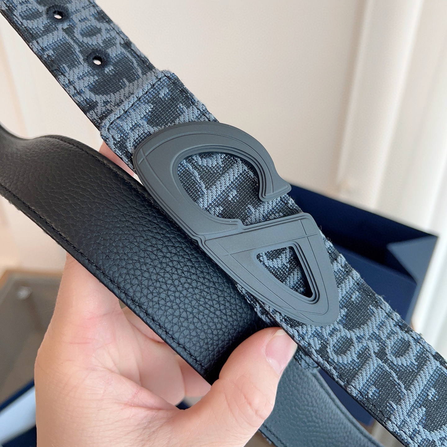 Dior Oblique light blue cloth and black cowhide leather belt width 3.5cm