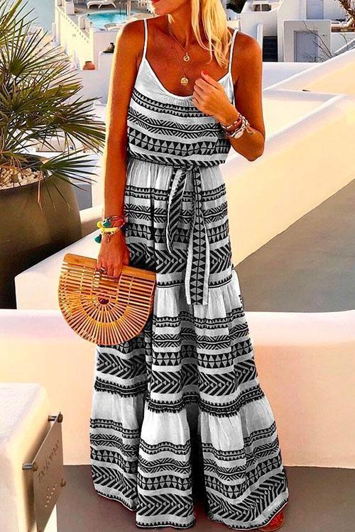 Heididress Bohemia V Neck Tie Waist Printed Maxi Cami Dress