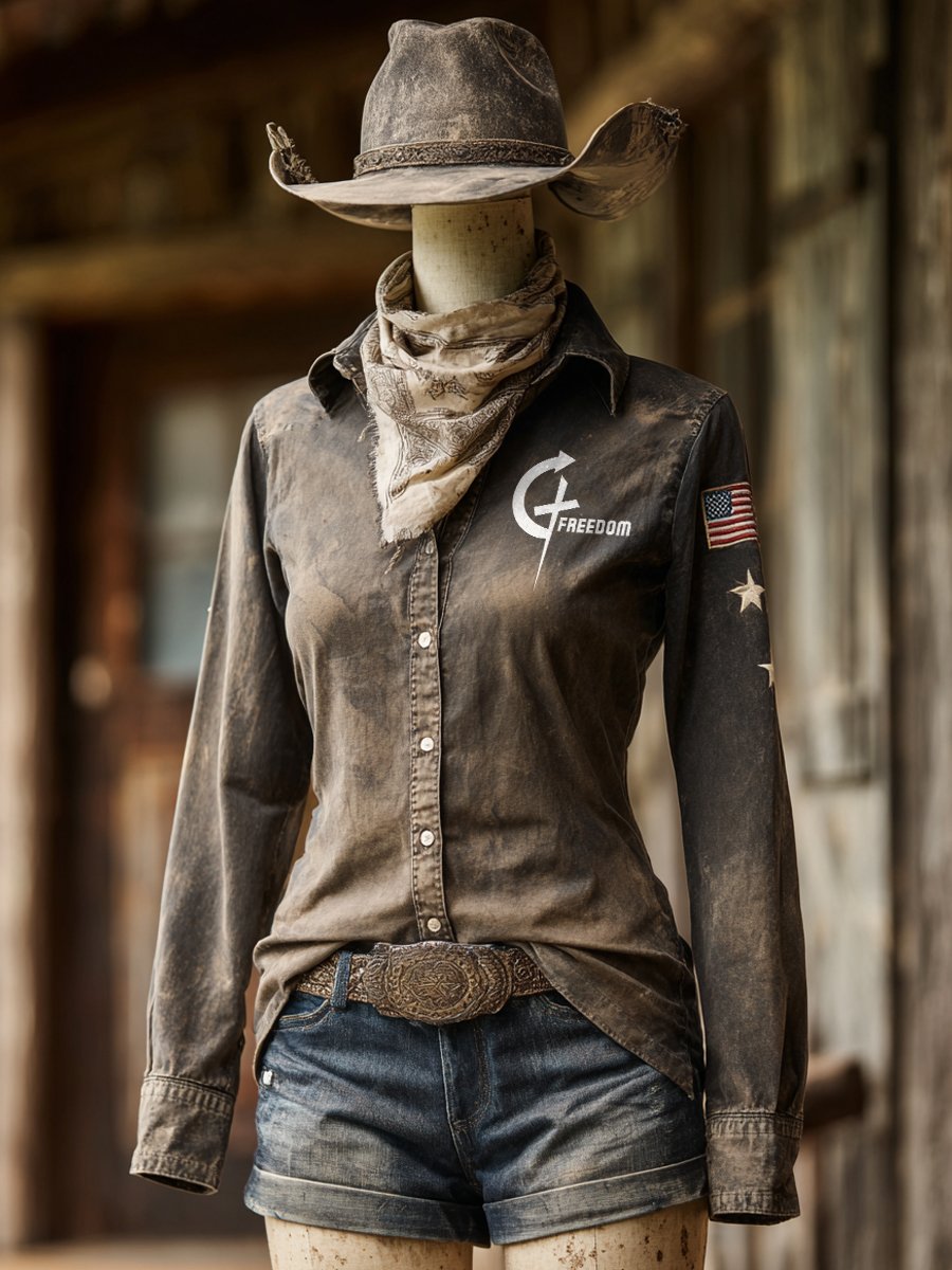 Women's Vintage Freedom Print Western Long Sleeve Shirt