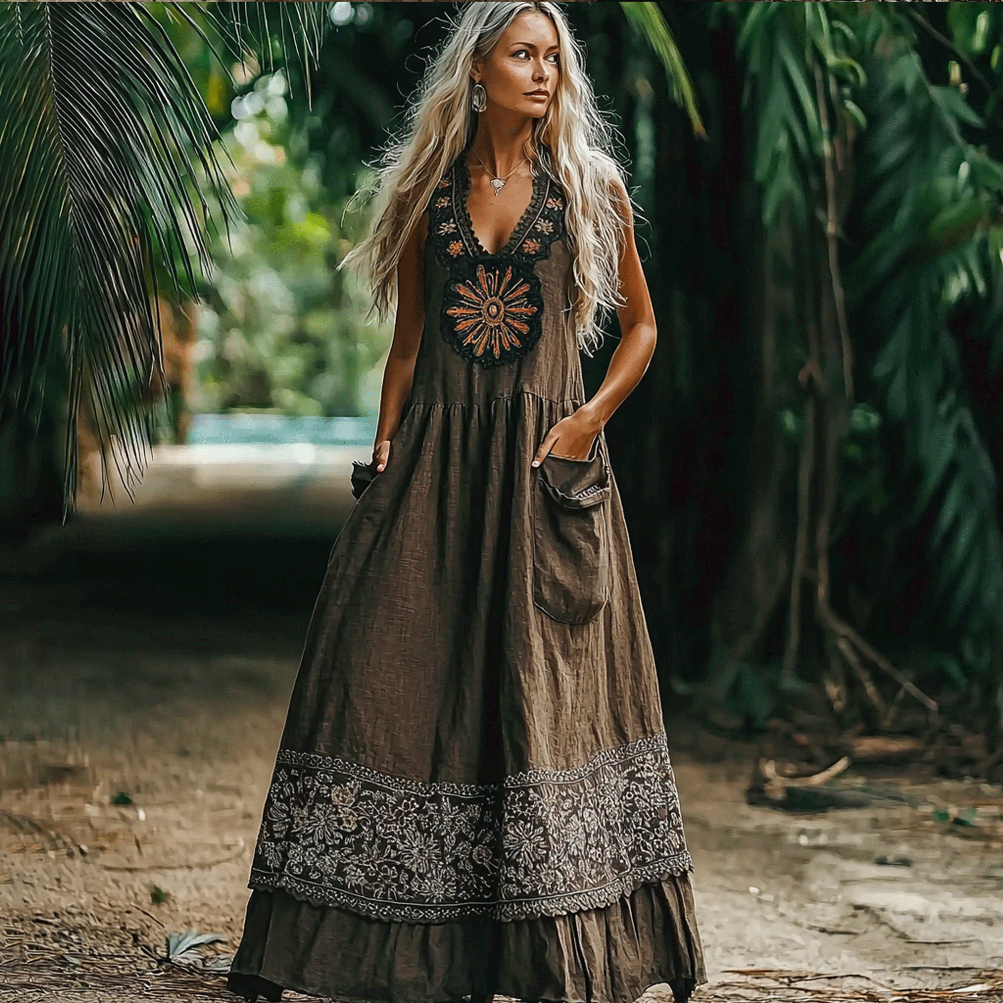 Women's Elegant Bohemian Casual Sleeveless Linen V-neck Maxi Dress